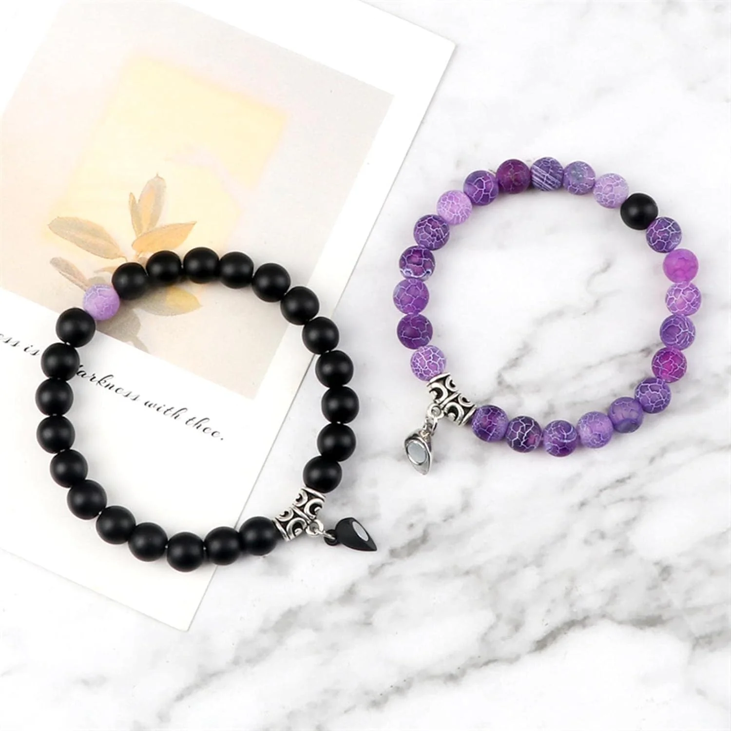 2 uds Pulsera magnética de corazón morado y Negro Moda 8mm Cuentas de Piedra - Imagen 2
